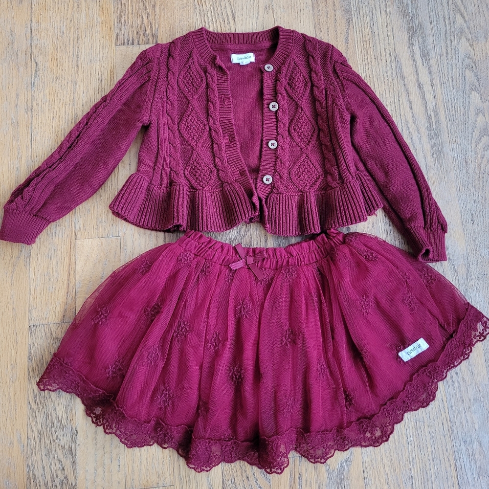 Newbie Burgundy Knit Cardigan and Tulle Skirt Set, Size 1-2 years